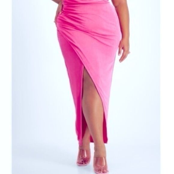 1X Pink High Slit Wrap Midi Skirt - Picture 1 of 4